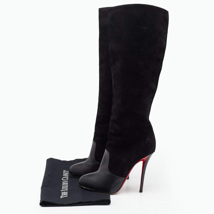 Pre Owned Christian Louboutin Black Suede and Leather Knee Length Boots Size 39