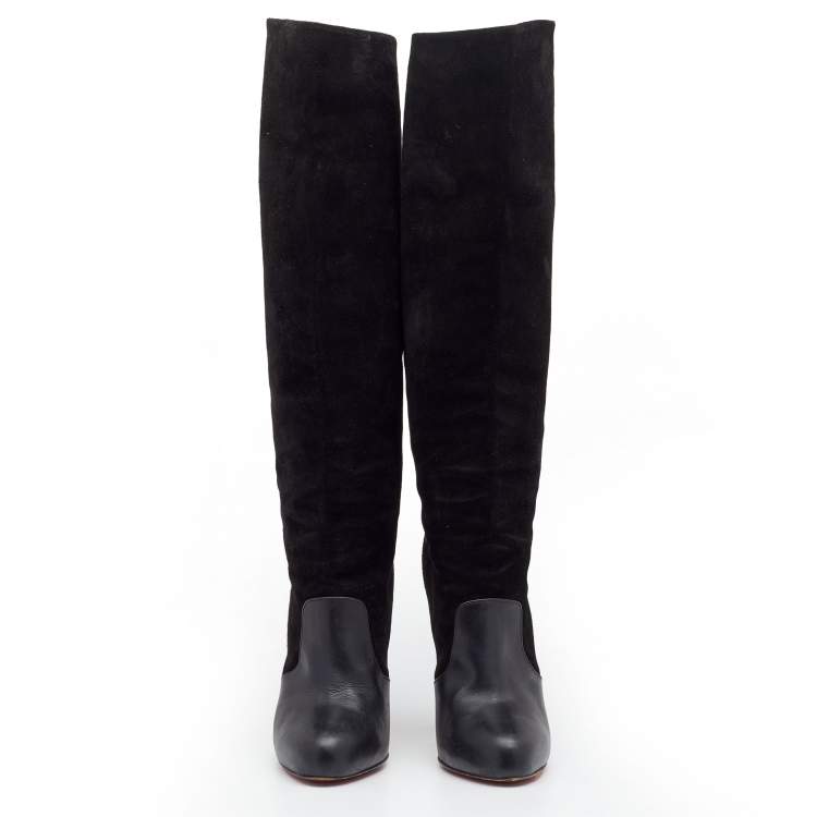 Pre Owned Christian Louboutin Black Suede and Leather Knee Length Boots Size 39