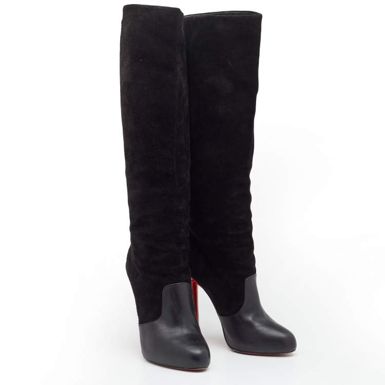 Pre Owned Christian Louboutin Black Suede and Leather Knee Length Boots Size 39