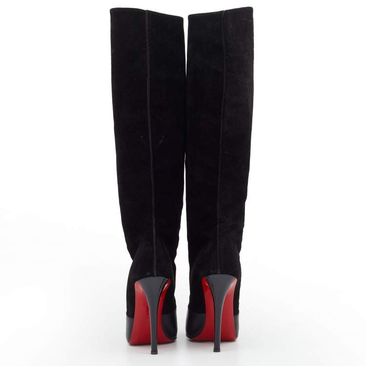 Pre Owned Christian Louboutin Black Suede and Leather Knee Length Boots Size 39