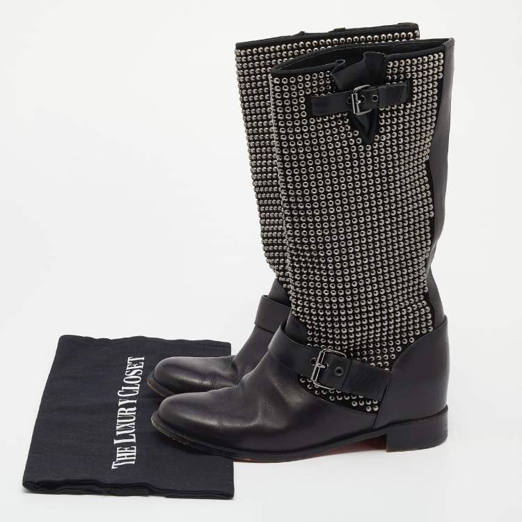 Pre Owned Christian Louboutin Black Leather Studded Buckle Detail Mid Calf Boots Size 38