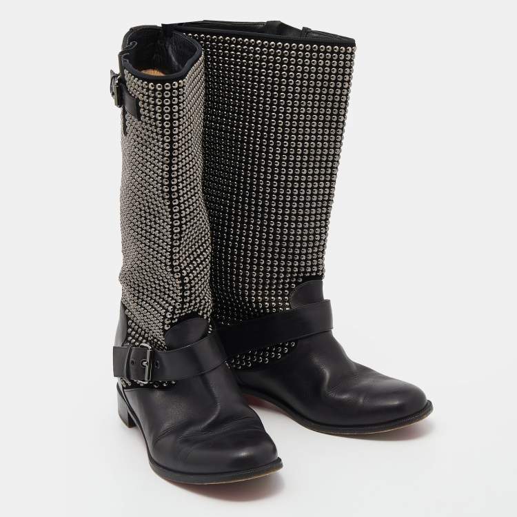 Pre Owned Christian Louboutin Black Leather Studded Buckle Detail Mid Calf Boots Size 38