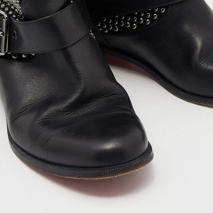 Pre Owned Christian Louboutin Black Leather Studded Buckle Detail Mid Calf Boots Size 38