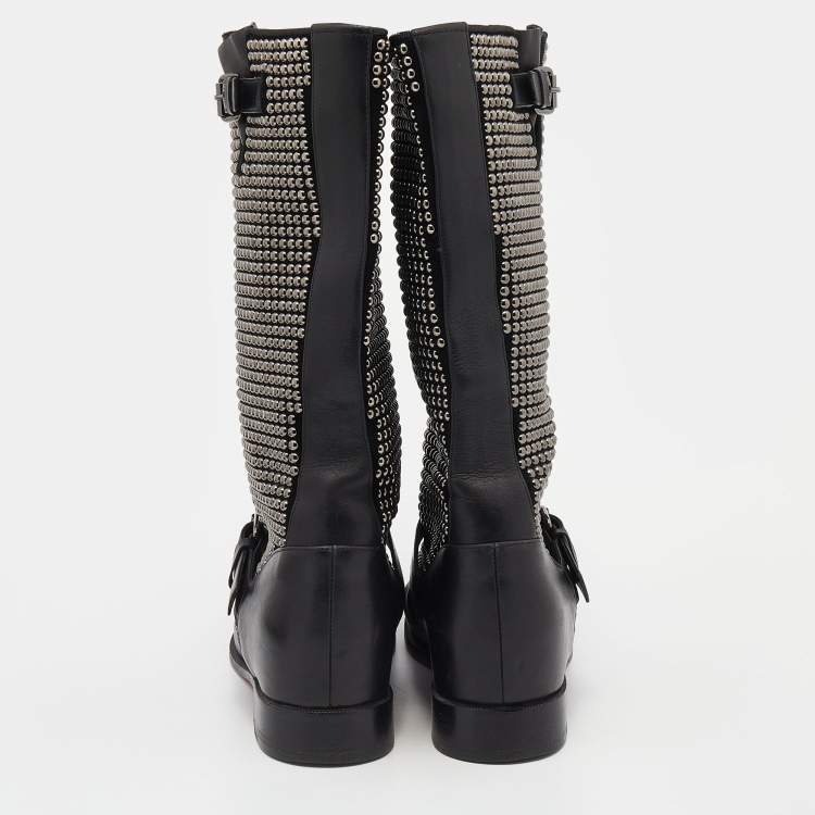 Pre Owned Christian Louboutin Black Leather Studded Buckle Detail Mid Calf Boots Size 38