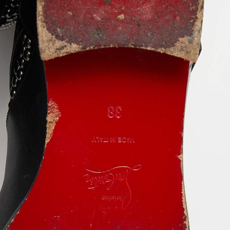 Pre Owned Christian Louboutin Black Leather Studded Buckle Detail Mid Calf Boots Size 38