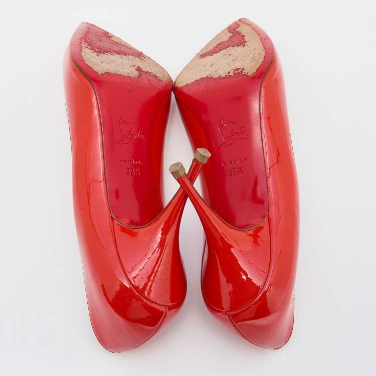 Pre Owned Christian Louboutin Orange Patent Leather Pointed Toe Pumps Size 39.5