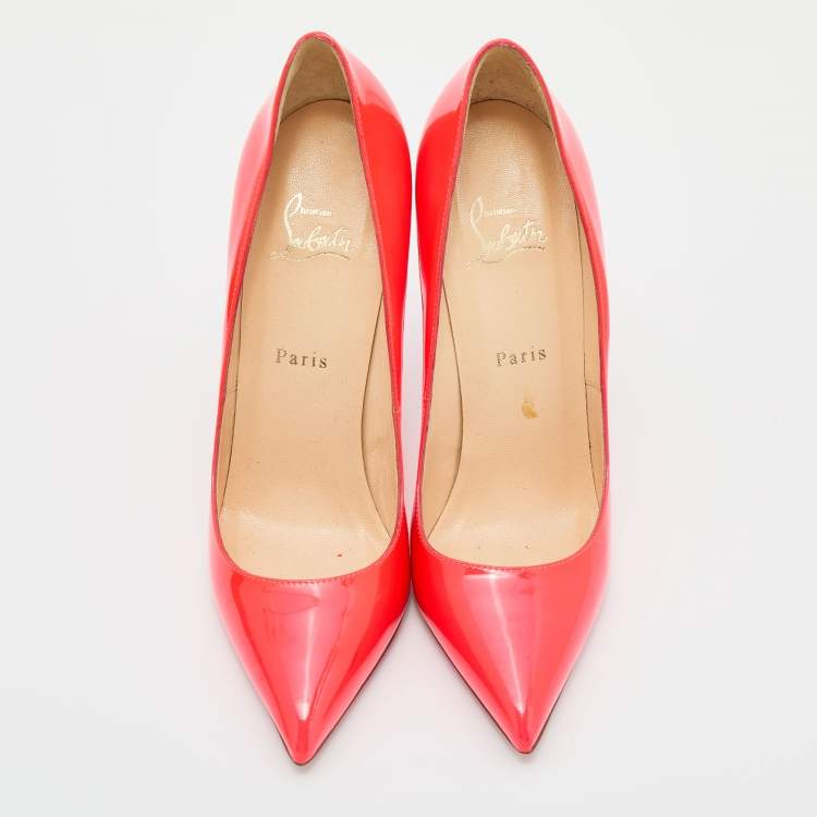 Pre Owned Christian Louboutin Neon Coral Patent Leather So Kate Pointed Toe Pumps Size 39