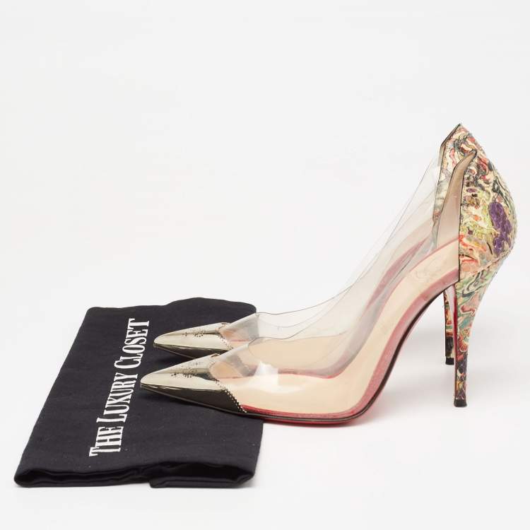 Pre Owned Christian Louboutin Multicolor Python Leather and PVC Djalouzi Metal Cap Pointed-Toe Pumps Size 39
