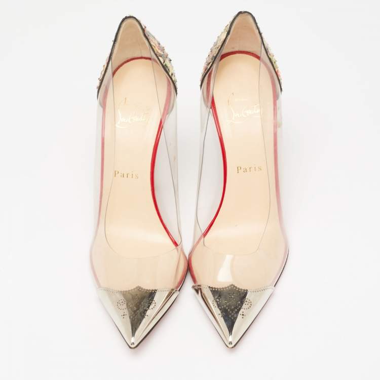 Pre Owned Christian Louboutin Multicolor Python Leather and PVC Djalouzi Metal Cap Pointed-Toe Pumps Size 39