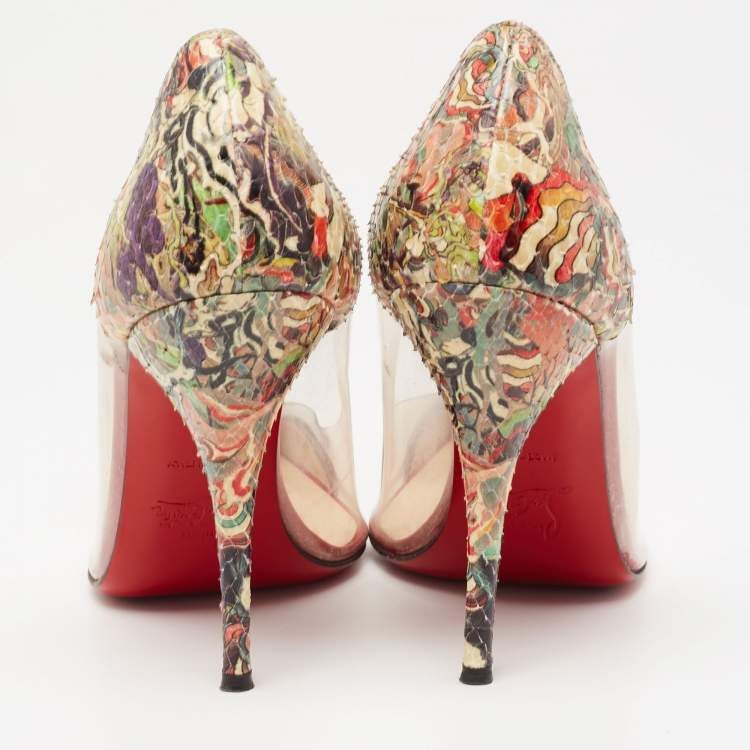 Pre Owned Christian Louboutin Multicolor Python Leather and PVC Djalouzi Metal Cap Pointed-Toe Pumps Size 39