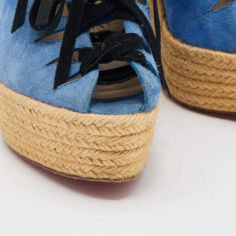 Pre Owned Christian Louboutin Blue/Grey Suede Lace Up Espadrille Platform Wedge Sandals Size 37