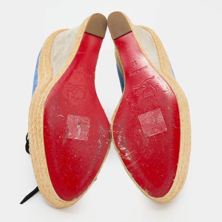 Pre Owned Christian Louboutin Blue/Grey Suede Lace Up Espadrille Platform Wedge Sandals Size 37