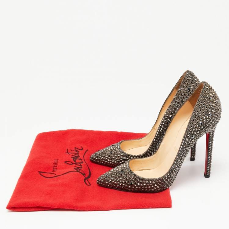 Pre Owned Christian Louboutin Grey Crystal Embellished Suede Pigalle Pumps Size 38.5