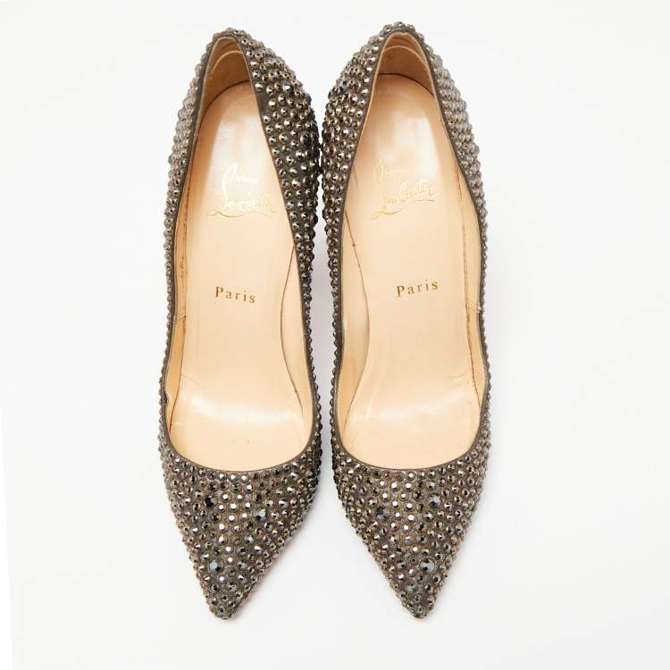 Pre Owned Christian Louboutin Grey Crystal Embellished Suede Pigalle Pumps Size 38.5