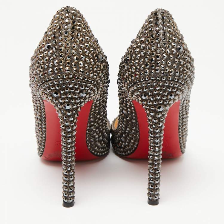 Pre Owned Christian Louboutin Grey Crystal Embellished Suede Pigalle Pumps Size 38.5