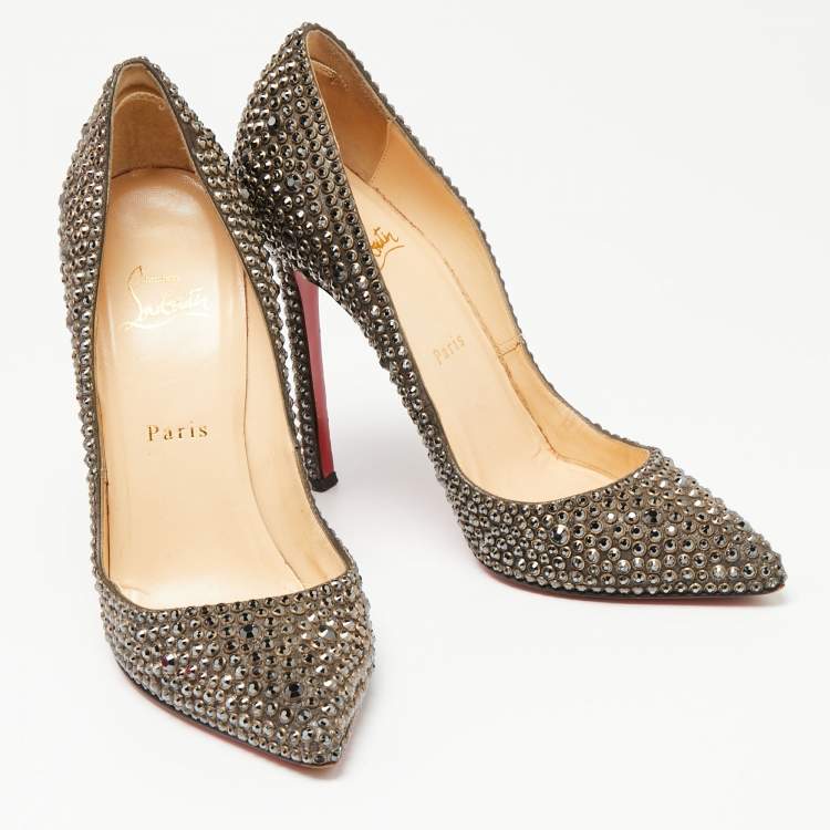Pre Owned Christian Louboutin Grey Crystal Embellished Suede Pigalle Pumps Size 38.5