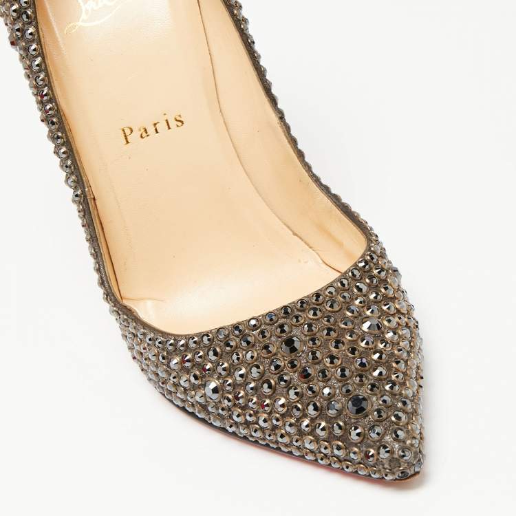 Pre Owned Christian Louboutin Grey Crystal Embellished Suede Pigalle Pumps Size 38.5