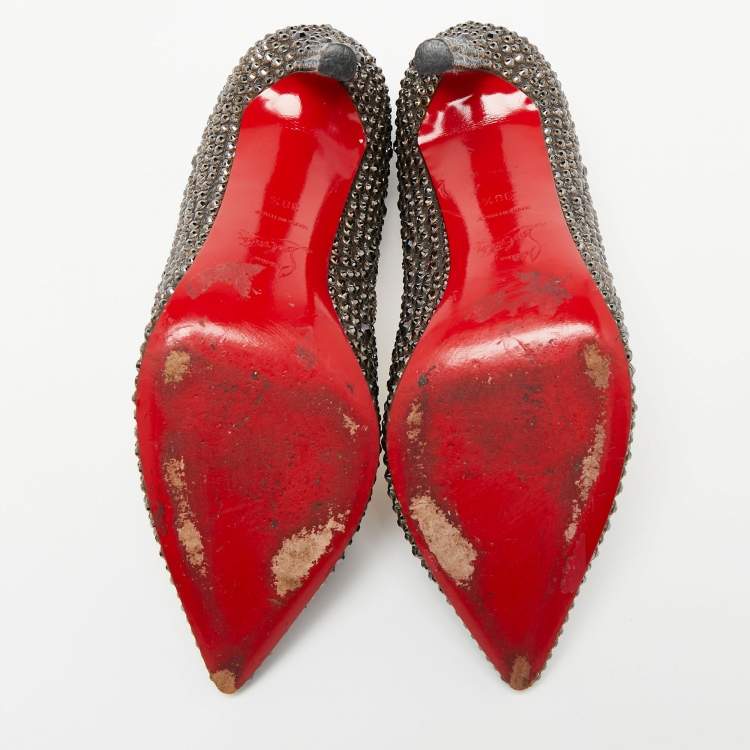 Pre Owned Christian Louboutin Grey Crystal Embellished Suede Pigalle Pumps Size 38.5