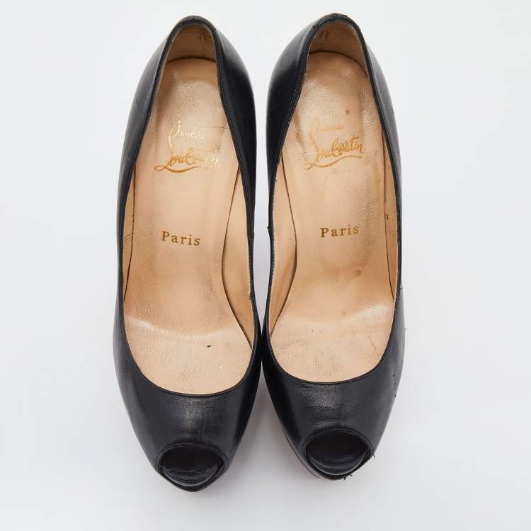 مملوكة مسبقًا Christian Louboutin Black Leather Highness Peep Toe Platform Pumps Size 37