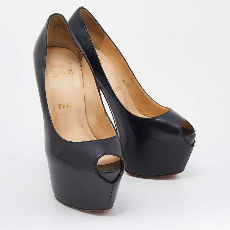 مملوكة مسبقًا Christian Louboutin Black Leather Highness Peep Toe Platform Pumps Size 37