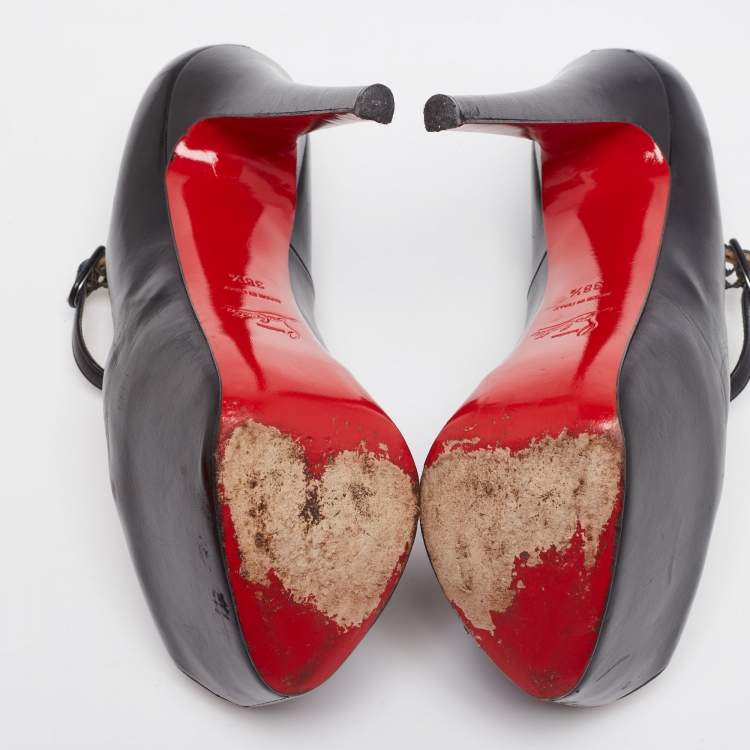 Pre Owned Christian Louboutin Black Leather Lady Daf Peep-Toe Pumps Size 38.5