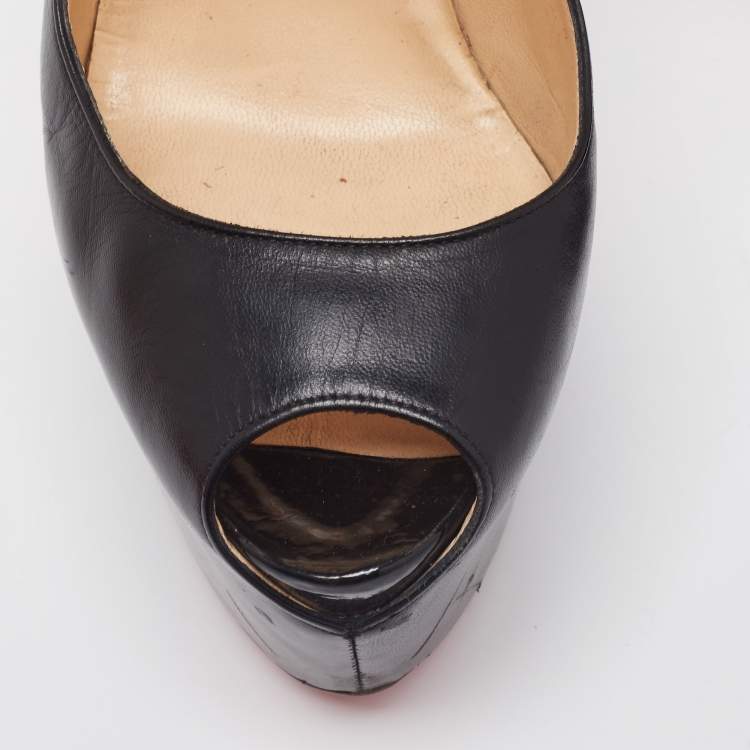 Pre Owned Christian Louboutin Black Leather Lady Daf Peep-Toe Pumps Size 38.5