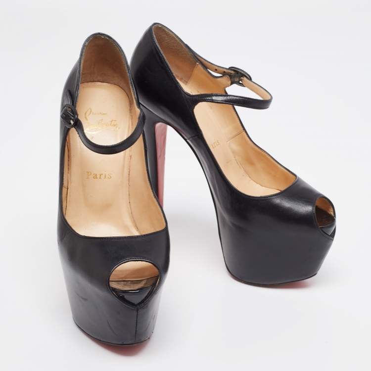 Pre Owned Christian Louboutin Black Leather Lady Daf Peep-Toe Pumps Size 38.5