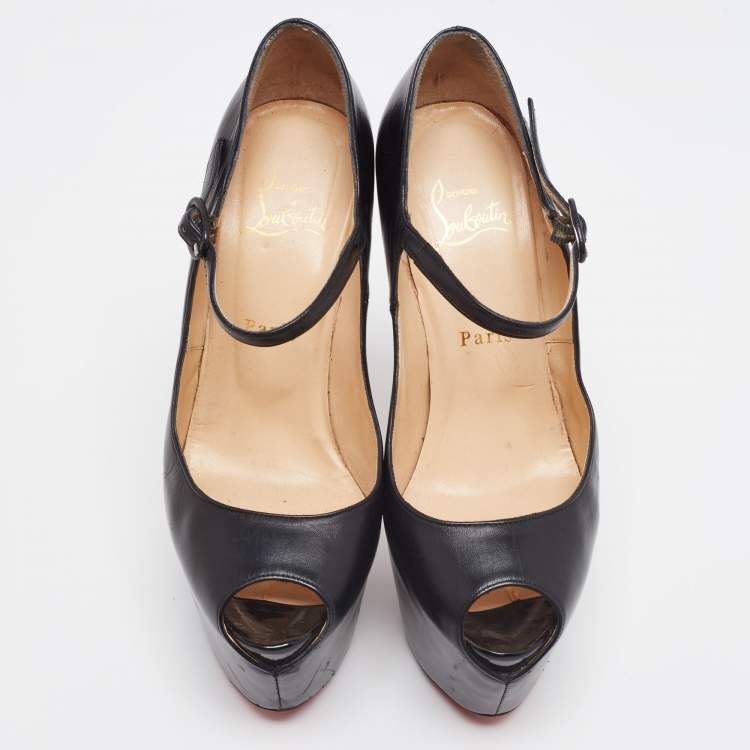 Pre Owned Christian Louboutin Black Leather Lady Daf Peep-Toe Pumps Size 38.5