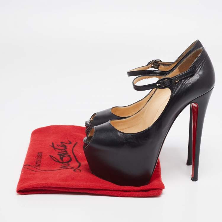 Pre Owned Christian Louboutin Black Leather Lady Daf Peep-Toe Pumps Size 38.5