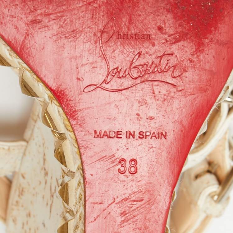 Pre Owned Christian Louboutin White/Light Gold Leather Cataclou Wedge Sandals Size 38