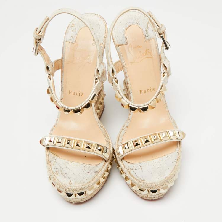 Pre Owned Christian Louboutin White/Light Gold Leather Cataclou Wedge Sandals Size 38