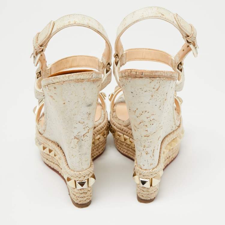 Pre Owned Christian Louboutin White/Light Gold Leather Cataclou Wedge Sandals Size 38