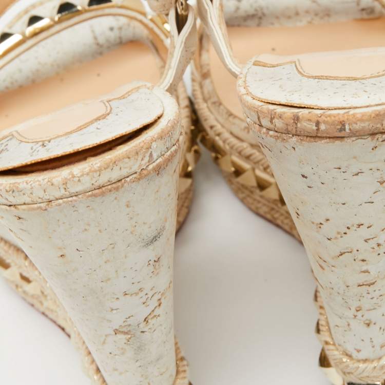 Pre Owned Christian Louboutin White/Light Gold Leather Cataclou Wedge Sandals Size 38