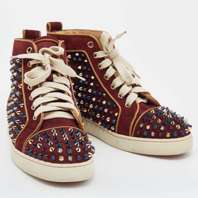 Pre Owned Christian Louboutin Burgundy Suede Louis Spikes High Top Sneakers Size 37.5