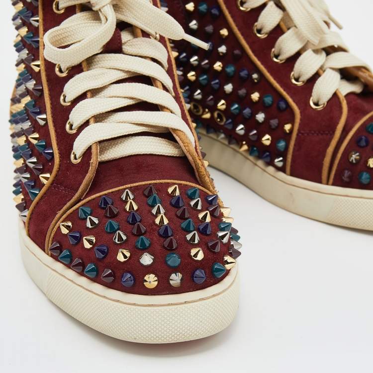 Pre Owned Christian Louboutin Burgundy Suede Louis Spikes High Top Sneakers Size 37.5