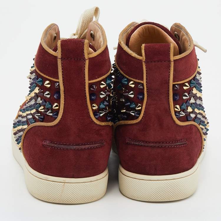Pre Owned Christian Louboutin Burgundy Suede Louis Spikes High Top Sneakers Size 37.5