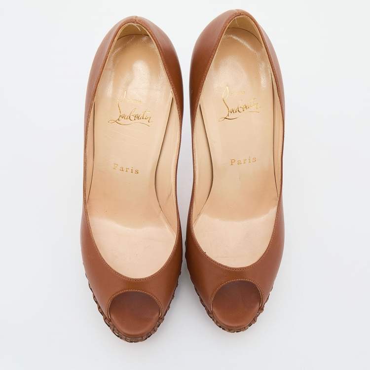 Pre Owned Christian Louboutin Brown Leather Lady Indiana Peep Toe Platform Pumps Size 39