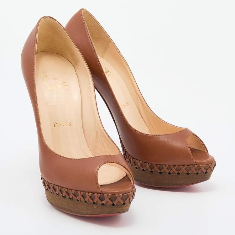Pre Owned Christian Louboutin Brown Leather Lady Indiana Peep Toe Platform Pumps Size 39