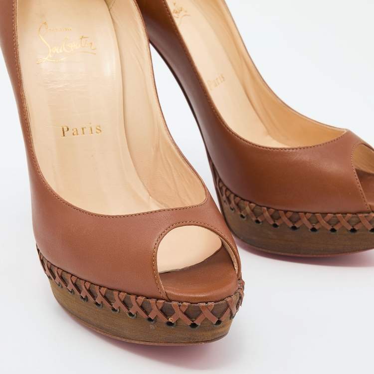 Pre Owned Christian Louboutin Brown Leather Lady Indiana Peep Toe Platform Pumps Size 39