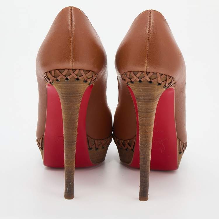 Pre Owned Christian Louboutin Brown Leather Lady Indiana Peep Toe Platform Pumps Size 39
