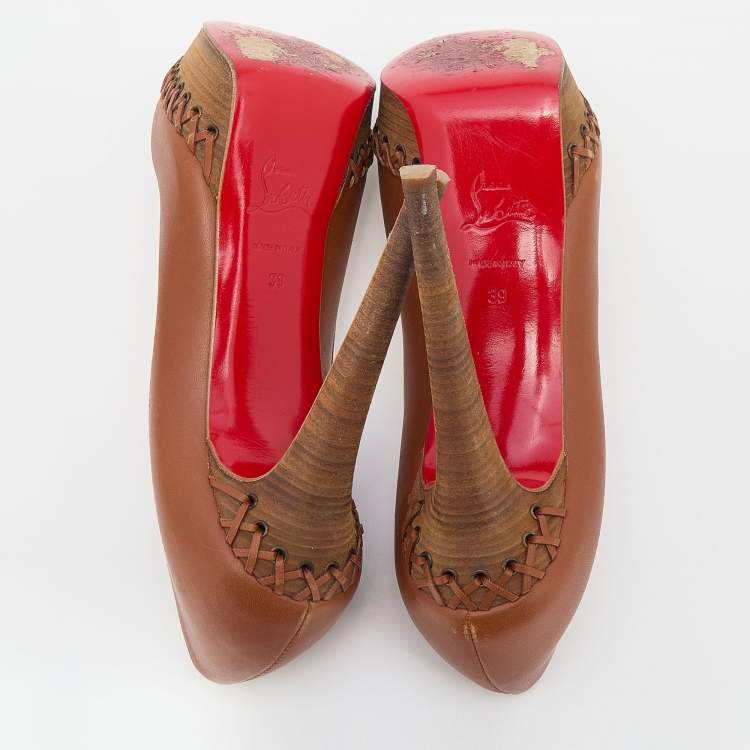 Pre Owned Christian Louboutin Brown Leather Lady Indiana Peep Toe Platform Pumps Size 39