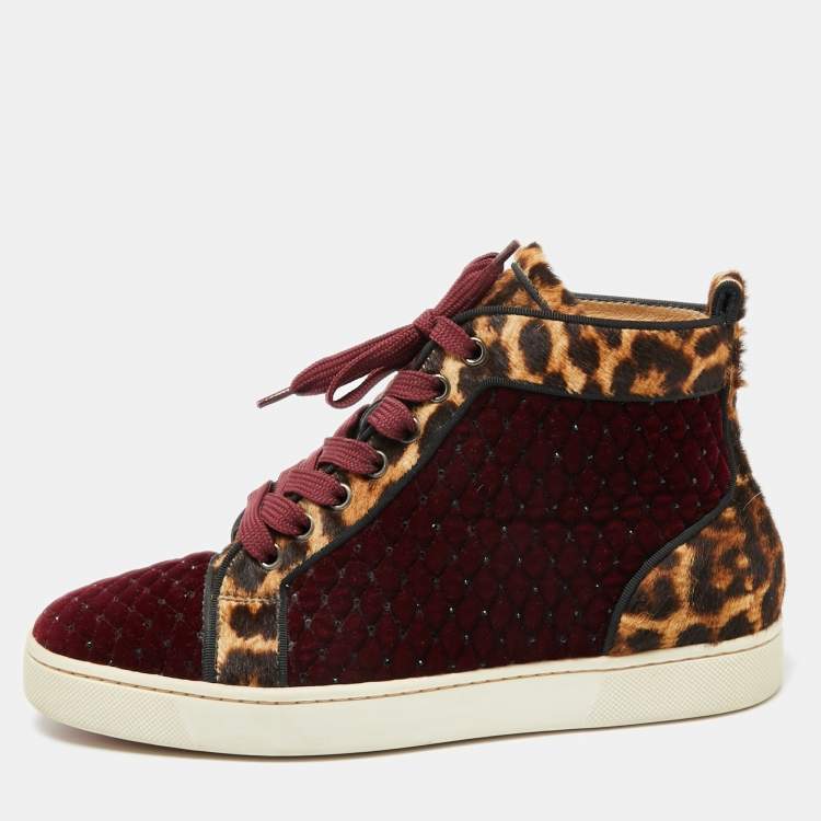 Pre Owned Christian Louboutin Burgundy/Brown Leopard Print Calf Hair And Velvet Louis Orlato Sneakers Size 38.5