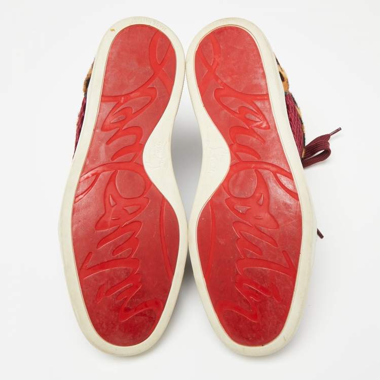 Pre Owned Christian Louboutin Burgundy/Brown Leopard Print Calf Hair And Velvet Louis Orlato Sneakers Size 38.5