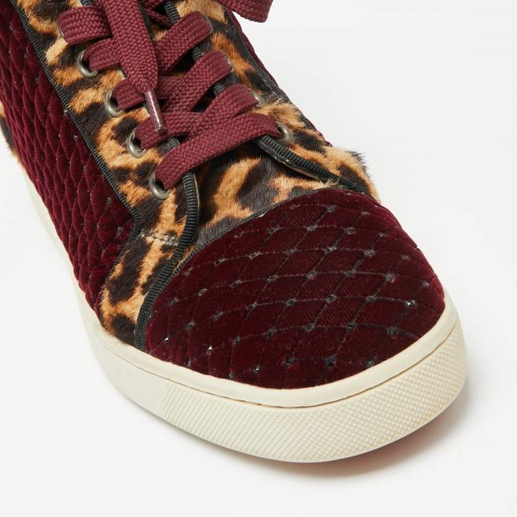 Pre Owned Christian Louboutin Burgundy/Brown Leopard Print Calf Hair And Velvet Louis Orlato Sneakers Size 38.5