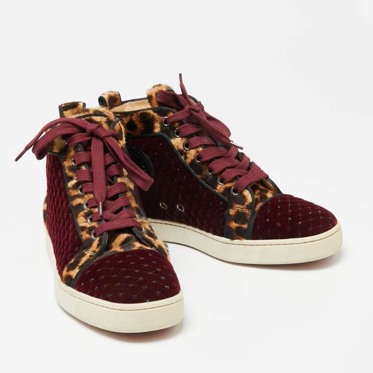 Pre Owned Christian Louboutin Burgundy/Brown Leopard Print Calf Hair And Velvet Louis Orlato Sneakers Size 38.5