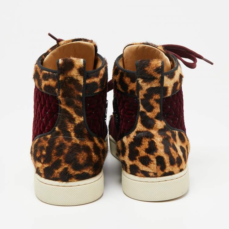 Pre Owned Christian Louboutin Burgundy/Brown Leopard Print Calf Hair And Velvet Louis Orlato Sneakers Size 38.5