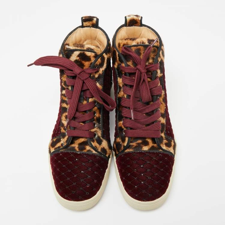 Pre Owned Christian Louboutin Burgundy/Brown Leopard Print Calf Hair And Velvet Louis Orlato Sneakers Size 38.5