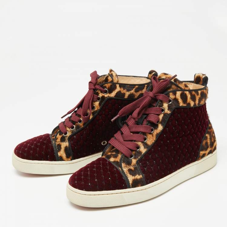 Pre Owned Christian Louboutin Burgundy/Brown Leopard Print Calf Hair And Velvet Louis Orlato Sneakers Size 38.5