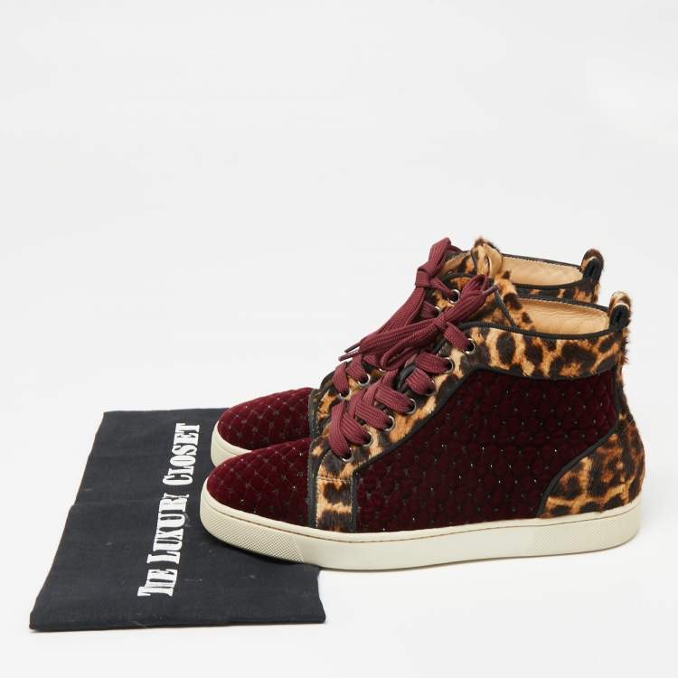 Pre Owned Christian Louboutin Burgundy/Brown Leopard Print Calf Hair And Velvet Louis Orlato Sneakers Size 38.5