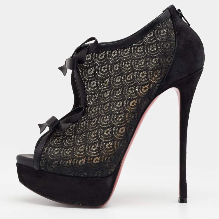 Christian Louboutin Black Suede, Lace and Mesh Empiralta Bow Open
